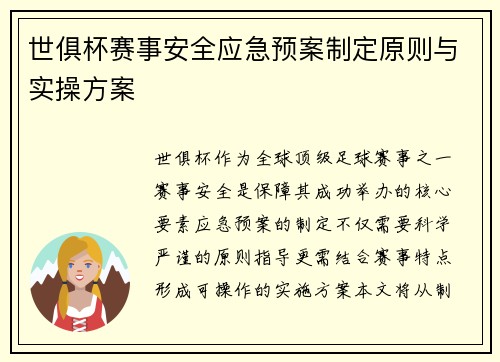 世俱杯赛事安全应急预案制定原则与实操方案