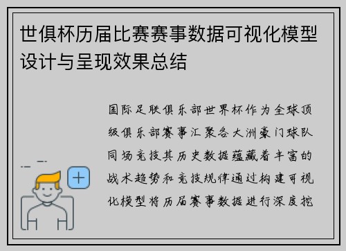 世俱杯历届比赛赛事数据可视化模型设计与呈现效果总结
