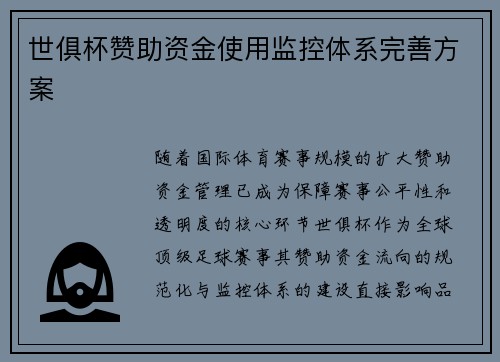 世俱杯赞助资金使用监控体系完善方案